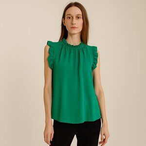 Ces Femme NEW Emerald Green Ruffle Sleeve Mock Neck Blouse Top Size S L